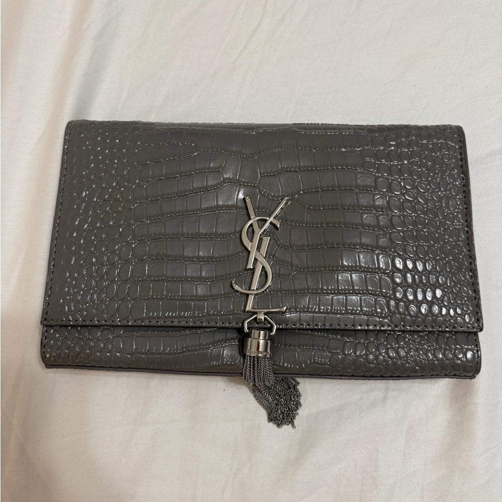Authentic Saint Laurent YSL Monogram Kate Tassel Clutch – Croc Embossed